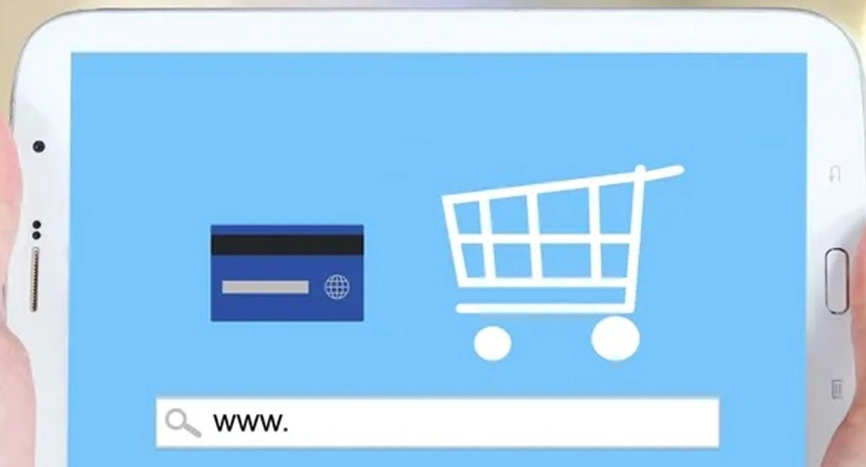 A blue and white shopping cart with a credit card